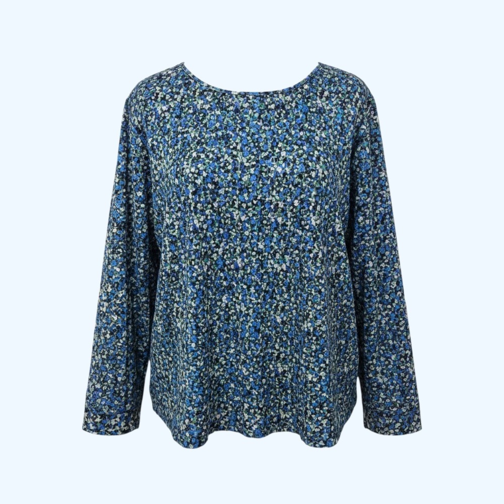Ofeefan Floral Pleated Front Blouse XXL Blue Green Long Sleeve Casual Top